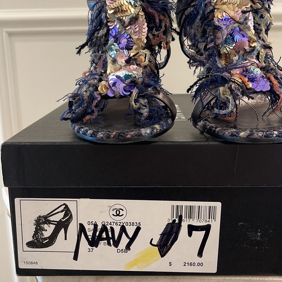 Chanel Rare Navy tweed and sequins Pewter leather Sandals Heels - Picture 3 of 16